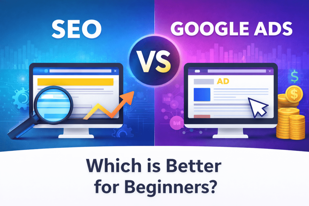 SEO vs Google Ads infographic comparing organic SEO results and paid Google Ads for beginners.