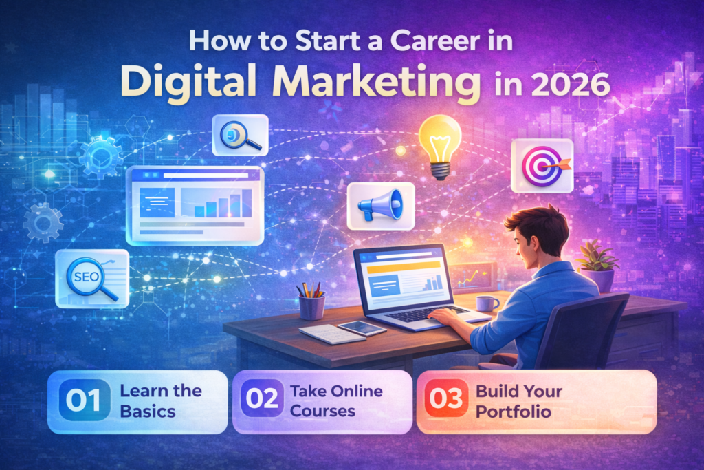 How to start a career in digital marketing in 2026 step-by-step guide infographic
