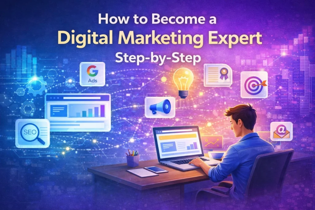How to become a digital marketing expert step-by-step guide showing SEO, Google Ads, analytics, and social media marketing tools