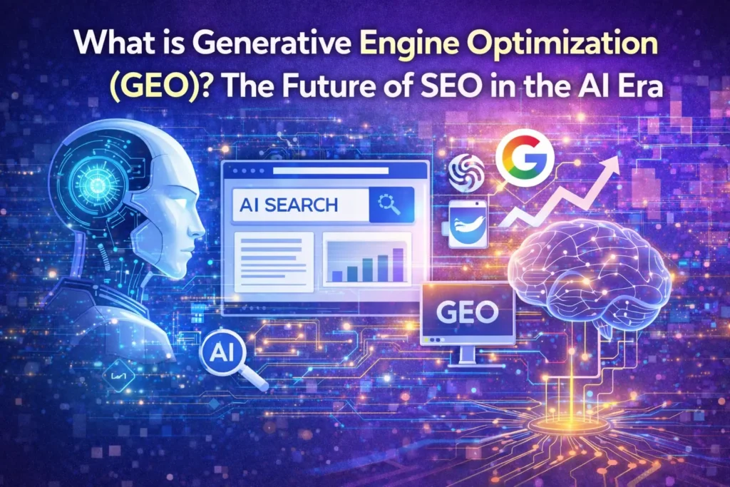 Generative Engine Optimization (GEO) concept showing AI-powered search engines, SEO analytics, and digital marketing strategies in the AI era
