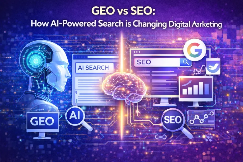 GEO vs SEO comparison showing AI-powered search engines, generative engine optimization strategies, and traditional search engine optimization in digital marketing